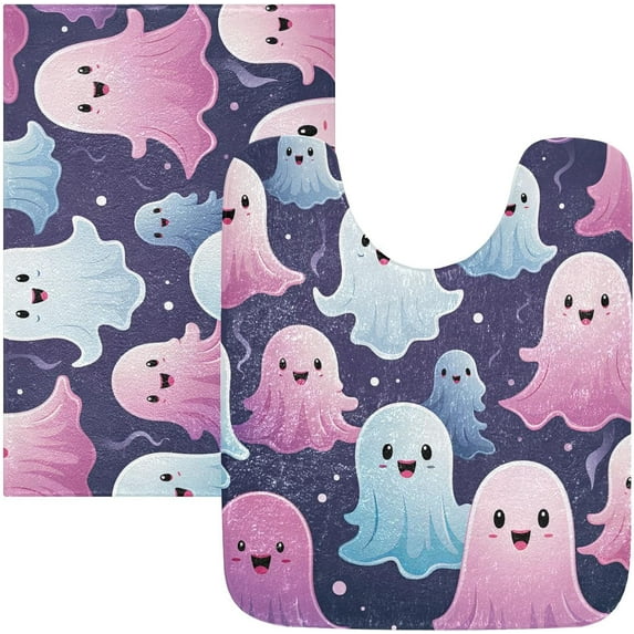 SKYSONIC Bathroom Rug Toiletry Mat Set, 2 pack Halloween Blue Pink Character Print, Fluffy Plush Absorbent Bath Rugs Carpet with Non Slip Bottom,23.6"x15.7"+17.3"x13.4"