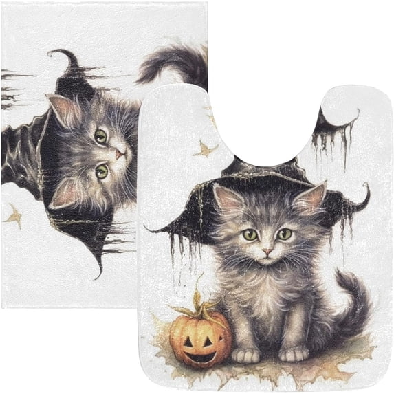 SKYSONIC Bathroom Rug Toiletry Mat Set, 2 pack Halloween Cat Pumpkin Print, Fluffy Plush Absorbent Bath Rugs Carpet for Bathroom Floor Toilet Tub and Shower,23.6"x15.7"+17.3"x13.4"