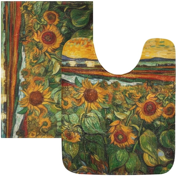 SKYSONIC Bathroom Rug Toiletry Mat Set, 2 pack Painting Sunflower Field Print, Fluffy Plush Absorbent Bath Rugs Carpet for Bathroom Floor Toilet Tub and Shower,23.6"x15.7"+17.3"x13.4"
