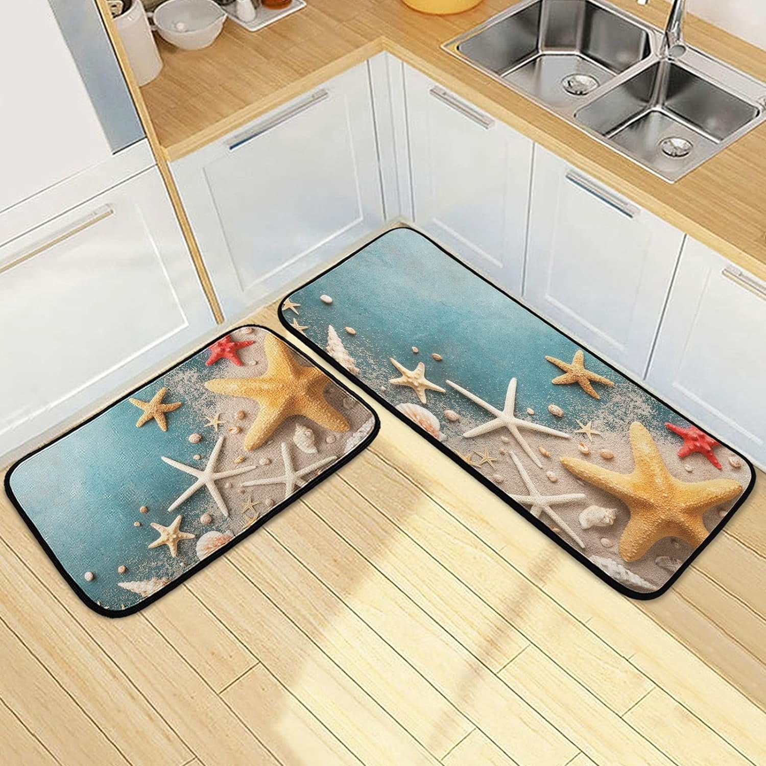 SKYSONIC Beach Sand Starfish Kitchen Mats and Rugs Set of 2 Summer ...