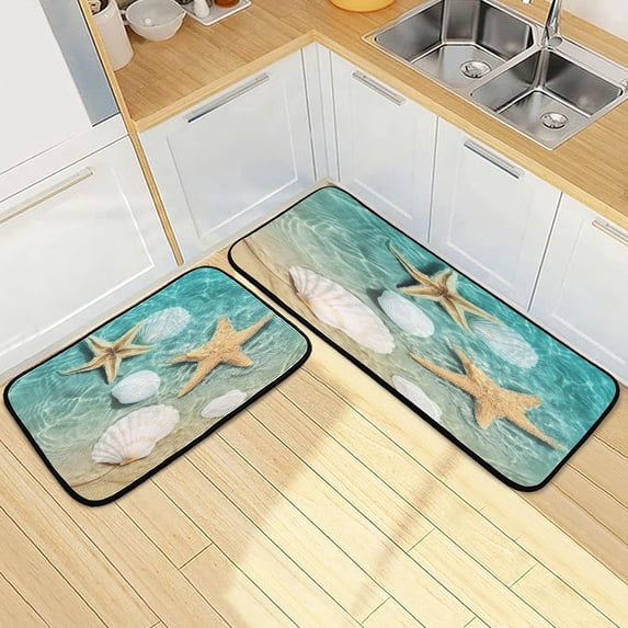 SKYSONIC Beach Starfish Seashell Kitchen Mats and Rugs Seaside View Floor Runner Area Rug Washable Carpet Perfect for Living Room Bedroom Entryway,19.7"x27.6"+19.7"x47.2"