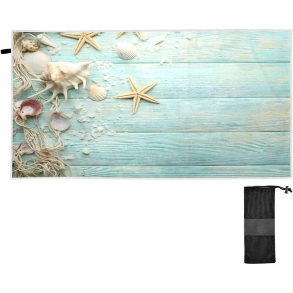 SKYSONIC Beach Towels 30"x60", Starfish Seashell Camping Towels Teal Wooden Sand Free Beach Towel, Large Beach Towels Quick Dry Bath Travel Towels Pool Yoga Beach Mat for Men Women