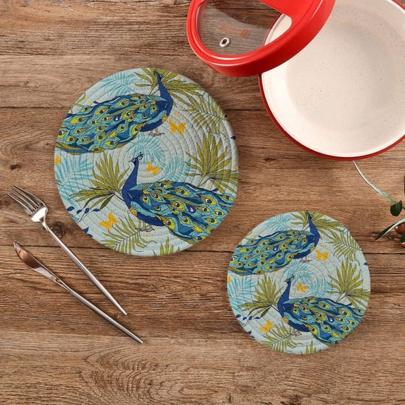 SKYSONIC Beautiful Peacocks Blue Trivet Round Hot Pads, Set of 2 Palm Leaves Pot Holder Heat Resistant Trivets Cotton Thread Weave Mats for Kitchen Counter Hot Dishes Pot Teapot Table Decor