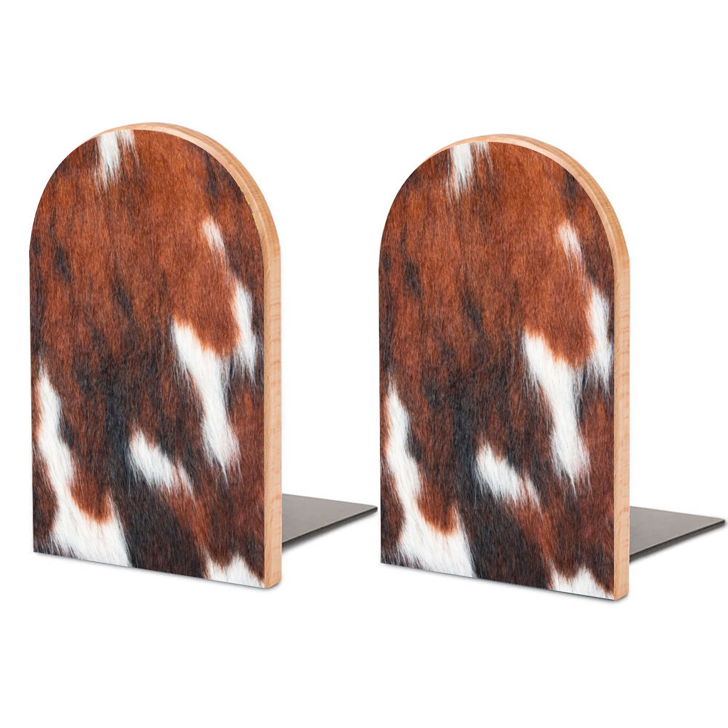 SKYSONIC Beech Wood Bookends,Hair CowNonSkid Bookend for Shelves,Wood