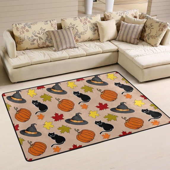 SKYSONIC Black Cats Witch Hat Non-Slip Area Rug, Halloween Pumpkins Orange Floor Carpet Comfort Floor Mats Decor for Indoor Front Porch Living Room Bedroom Kitchen, 36"x24"