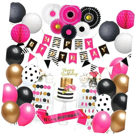 SKYSONIC Black and Birthday Decorations for Women, Including Banner, Garland, Balloons, and Cake Topper