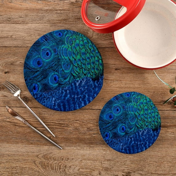 SKYSONIC Blue Peacock Feathers Pot Holders Trivets, 2 Pcs Heat Resistant Trivets, Cotton Thread Weave Mats for Hot Pads Pans Pot Bowl Teapot for Kitchen Decor