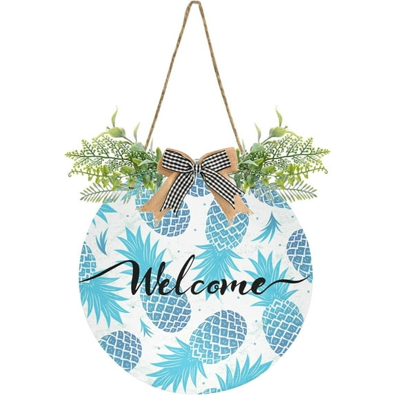 SKYSONIC Blue Pineapple Welcome Sign Front Door Decor Round Door Hanging Sign Porch Decorations for Farmhouse Summer Holiday Fall Halloween Christmas - 12x12 inch