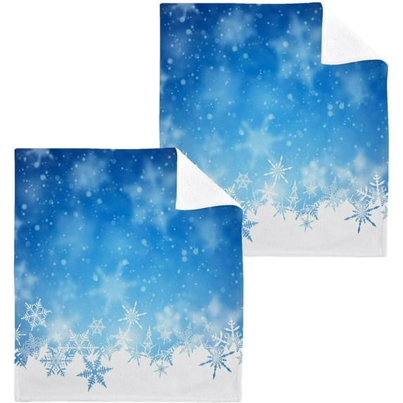 SKYSONIC Blue Snowflake Cotton Washcloths Set of 2, Highly Absorbent Soft Fingertip Towel for Bathroom, Gym, Hotel and Spa, 12 x 12 Inch