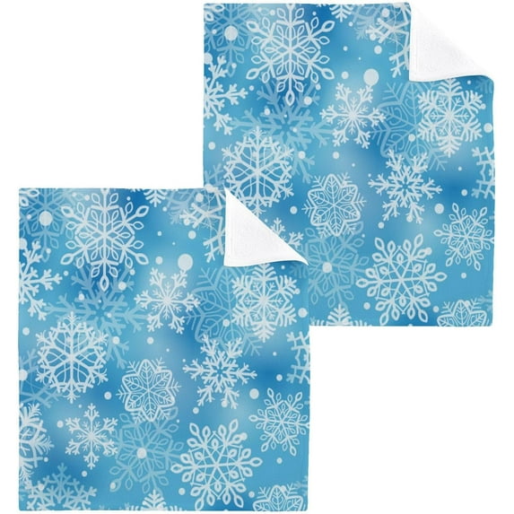 SKYSONIC Blue Snowflakes Washcloths Set of 2, Highly Absorbent Soft Cotton Fingertip Towels for Bathroom, Kitchen, Gym, Spa, Home Decor, 12 x 12 Inch