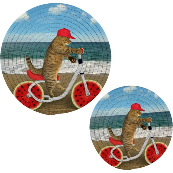 SKYSONIC Cap Cat Beach Pot Holders Trivets, 2 Pcs Heat Resistant Trivets,Watermelon Bicycle Cotton Thread Weave Mats for Hot Pads Pans Pot Bowl Teapot for Kitchen Decor
