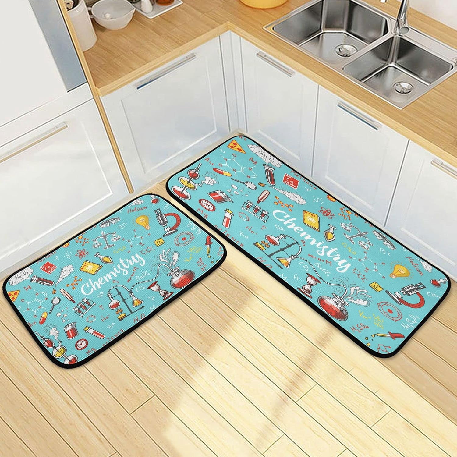 SKYSONIC Cartoon Chemistry Icons Set Kitchen Mats Set of 2 Chemical ...