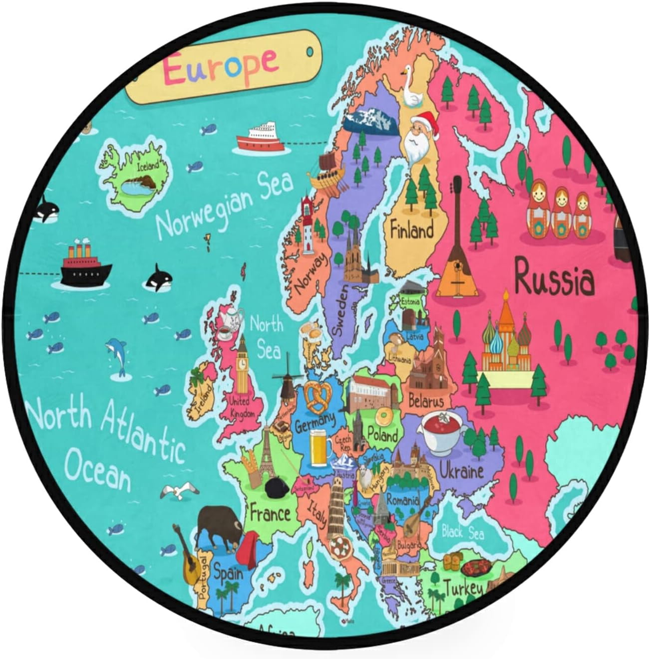 SKYSONIC Cartoon Map of EuropeRound Area Rug Chair Couch Cover Area Rug ...