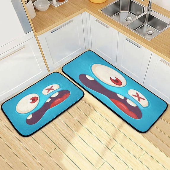 SKYSONIC Cartoon Monster Face Kitchen Mats Set of 2 Big Eyes Floor Runner Rug Anti Fatigue Non Slip Comfort Mat 19.7x27.6 Inch + 19.7x47.2 Inch for Living Room Laundry Room Hallway