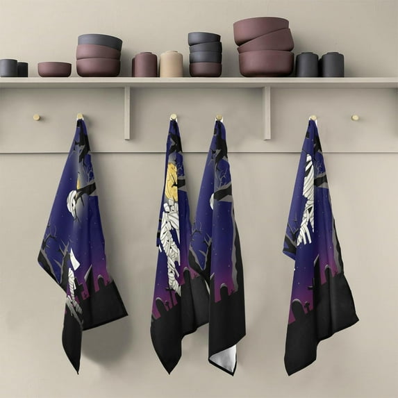 SKYSONIC Cartoon Mummy on Night Cemetery Kitchen Dish Towel Set,Drying Kitchen Towels Tea Towels Gift Set for Drying Cleaning Cooking Baking 4Pcs