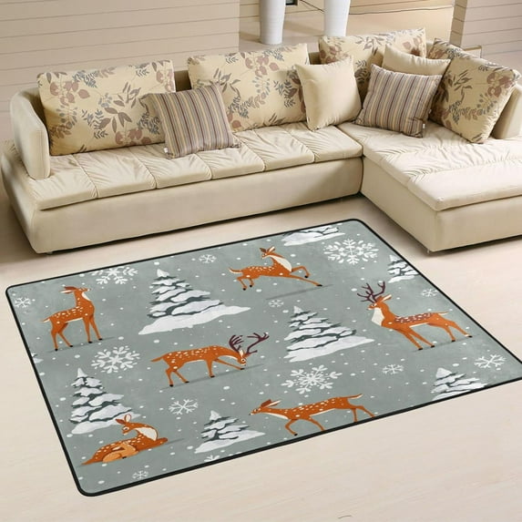 SKYSONIC Cartoon Sika Deer Non-Slip Area Rug, Christmas Snow Tree Floor Carpet Comfort Floor Mats Decor for Indoor Front Porch Living Room Bedroom Kitchen, 36"x24"