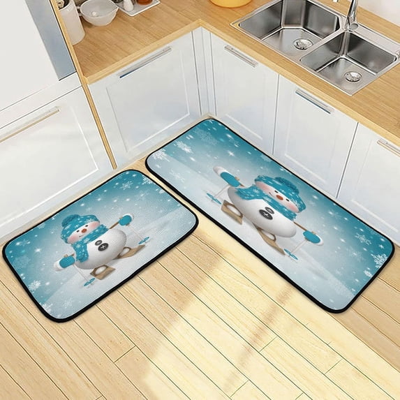 SKYSONIC Cartoon Skiing Snowman Kitchen Mats Set of 2 Christmas Snowflake Anti Fatigue Floor Runner Rug Non Slip Comfort Mat 19.7x27.6 Inch + 19.7x47.2 Inch for Living Room Laundry Room Hallway