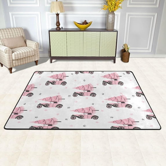 SKYSONIC Cartoon Xmas Tree Truck Pink Non-Slip Area Rug, Floor Carpet Comfort Floor Mats Decor for Indoor Front Porch Living Room Bedroom Kitchen, 36"x24"