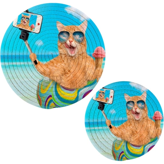 SKYSONIC Cat Selfie Cute Pot Holders Trivets, 2 Pcs Heat Resistant Trivets,Summer Sky Beach Cotton Thread Weave Mats for Hot Pads Pans Pot Bowl Teapot for Kitchen Decor