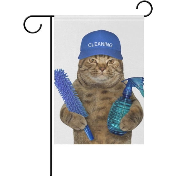 SKYSONIC Cat Works As Cleaner Double-Sided Printed Garden House Sports Flag-12x18(in)-Polyester Decorative Flags for Courtyard Garden Flowerpot