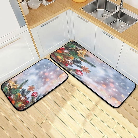SKYSONIC Christmas Balls Snowy Kitchen Mats Set of 2 Snowflake Anti Fatigue Floor Runner Rug Non Slip Comfort Mat 19.7x27.6 Inch + 19.7x47.2 Inch for Living Room Laundry Room Hallway