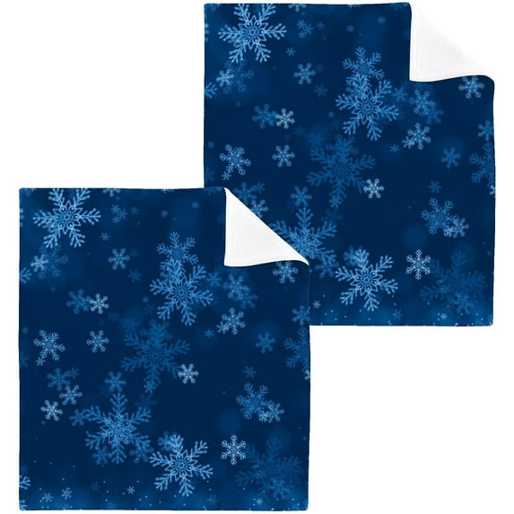 SKYSONIC Christmas Blue Snowflake Washcloths Set of 2, Highly Absorbent Soft Cotton Fingertip Towels for Bathroom, Kitchen, Gym, Spa, Home Decor, 12 x 12 Inch