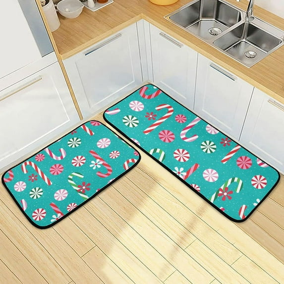SKYSONIC Christmas Candy Sugar Kitchen Mats Set of 2 Xmas Canes Pattern Anti Fatigue Floor Runner Rug Non Slip Comfort Mat 19.7x27.6 Inch + 19.7x47.2 Inch for Living Room Laundry Room Hallway