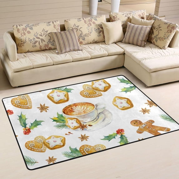 SKYSONIC Christmas Coffee Cookie Non-Slip Area Rug, Xmas Firs Leaves Floor Carpet Comfort Floor Mats Decor for Indoor Front Porch Living Room Bedroom Kitchen, 36"x24"