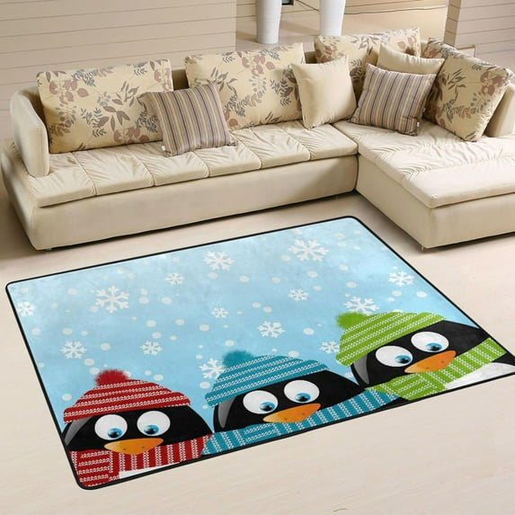 SKYSONIC Christmas Cute Penguins Non-Slip Area Rug, Winter Snowflakes Floor Carpet Comfort Floor Mats Decor for Indoor Front Porch,Living Room, Bedroom,Kitchen,72"x48"
