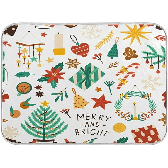 SKYSONIC Christmas Dish Drying Mat for Kitchen Counter,Snowflake Santa Xmas Tree Ultra Absorbent Reversible Microfiber Dishes Drying Rack Pad Heat-resistant Mats 16x18in