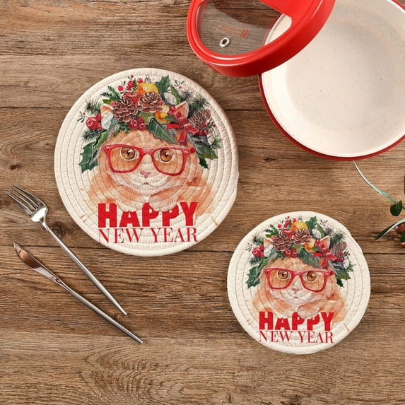 SKYSONIC Christmas Fashion Cat Pot Holders Trivets, 2 Pcs Heat Resistant Trivets,Kitten Cute Cotton Thread Weave Mats for Hot Pads Pans Pot Bowl Teapot for Kitchen Decor