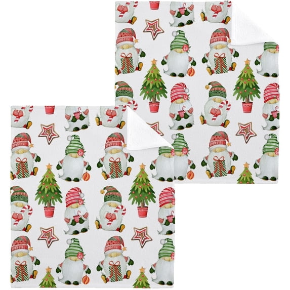 SKYSONIC Christmas Gnome Cotton Washcloths Set of 2, Highly Absorbent Soft Fingertip Towel for Bathroom, Gym, Hotel and Spa, 12 x 12 Inch