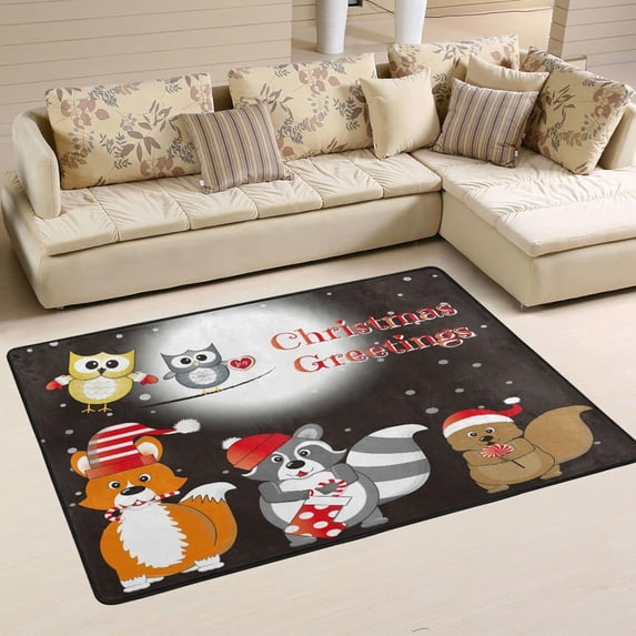 SKYSONIC Christmas Greetings Non-Slip Area Rug, Winter Forest Animals Floor Carpet Comfort Floor Mats Decor for Indoor Front Porch Living Room Bedroom Kitchen, 36"x24"