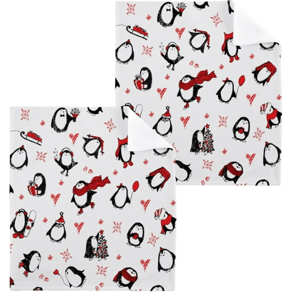SKYSONIC Christmas Penguin Cotton Washcloths Set of 2, Highly Absorbent Soft Fingertip Towel for Bathroom, Gym, Hotel and Spa, 12 x 12 Inch