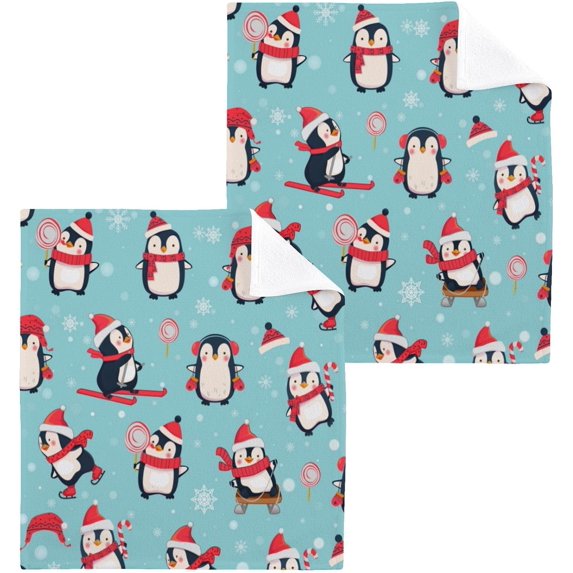 SKYSONIC Christmas Penguin Washcloths Set of 4, Highly Absorbent Soft Cotton Fingertip Towels for Bathroom, Kitchen, Gym, Spa, Home Decor, 12 x 12 Inch