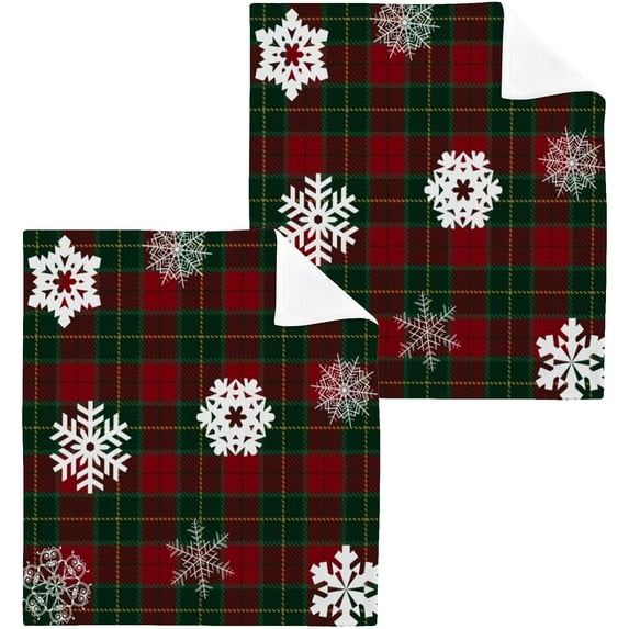 SKYSONIC Christmas Snowflake Plaid Washcloths Set of 4, Highly Absorbent Soft Cotton Fingertip Towels for Bathroom, Kitchen, Gym, Spa, Home Decor, 12x12 Inch