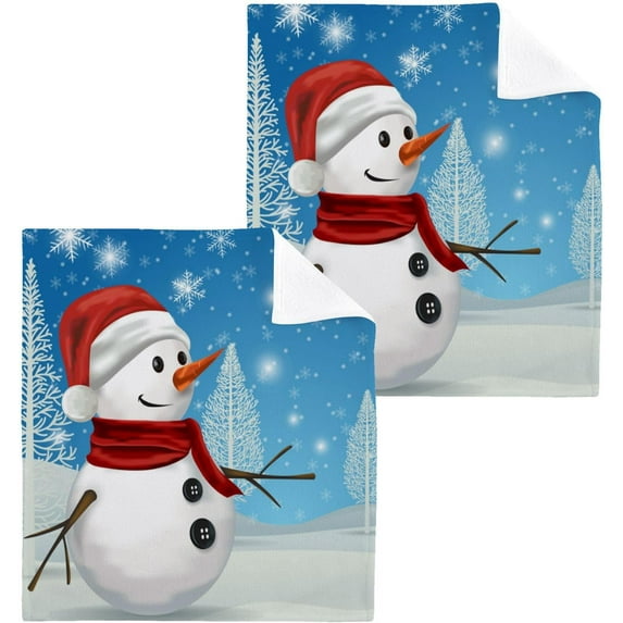 SKYSONIC Christmas Snowman Cotton Washcloths Set of 2, Highly Absorbent Soft Fingertip Towel for Bathroom, Gym, Hotel and Spa, 12 x 12 Inch