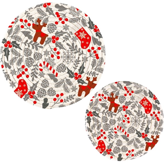 SKYSONIC Christmas Socks Deer Pot Holders Trivets, 2 Pcs Heat Resistant Trivets,Winter Holly Berries Cotton Thread Weave Mats for Hot Pads Pans Pot Bowl Teapot for Kitchen Decor
