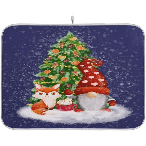 SKYSONIC Christmas Tree Natural Toys Gnome Fox Dish Drying Mat for Kitchen Counter Foldable Absorbent Dish Drainer Farmhouse Dish Mats Drying Pad Dish Drainer Rack Mats for Counter 18x24