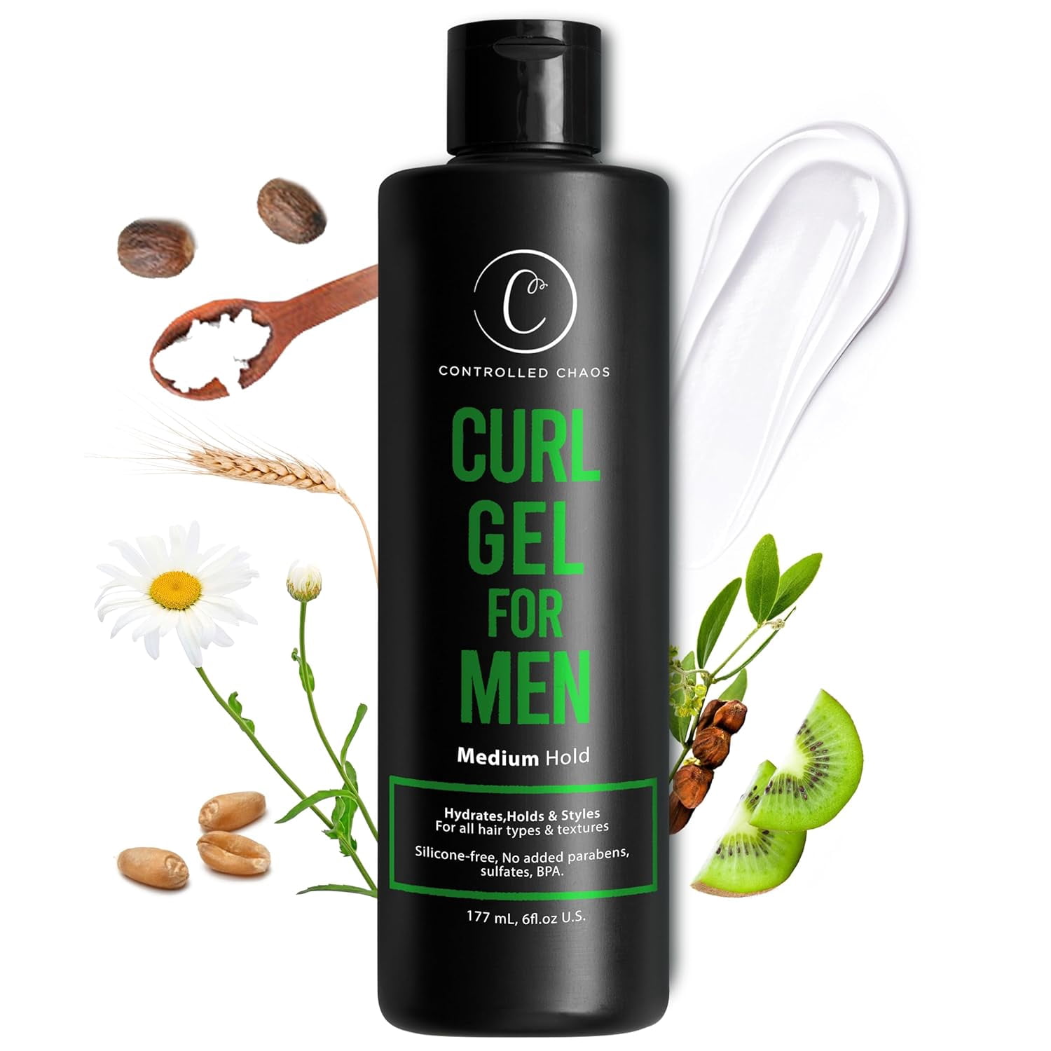 Controlled Chaos Curl Gel for Men 6 fl. Oz. – Light to Medium Hold Hair Styling Gel for Wavy & Curly Hair – Anti-Frizz, Smoothing Formula with Shea Butter & Kiwi Extracts – Sulfate-Free