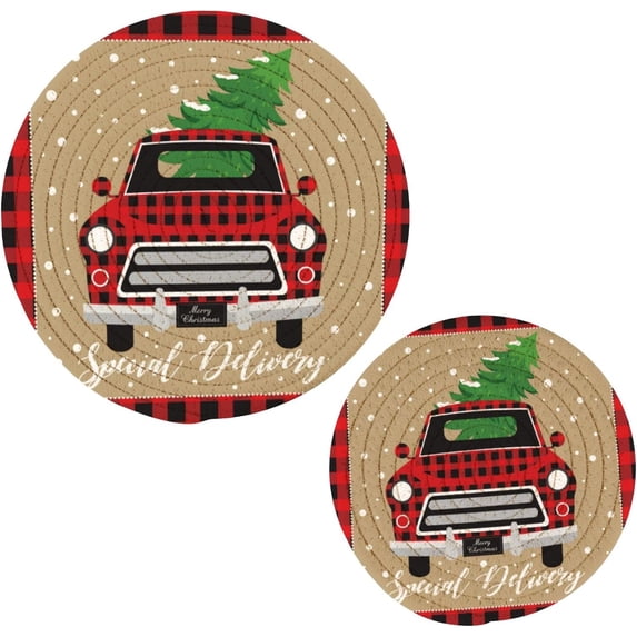 SKYSONIC Christmas Truck and Tree Pot Holders Trivets, 2 Pcs Heat Resistant Trivets,Red Tartan Check Cotton Thread Weave Mats for Hot Pads Pans Pot Bowl Teapot for Kitchen Decor