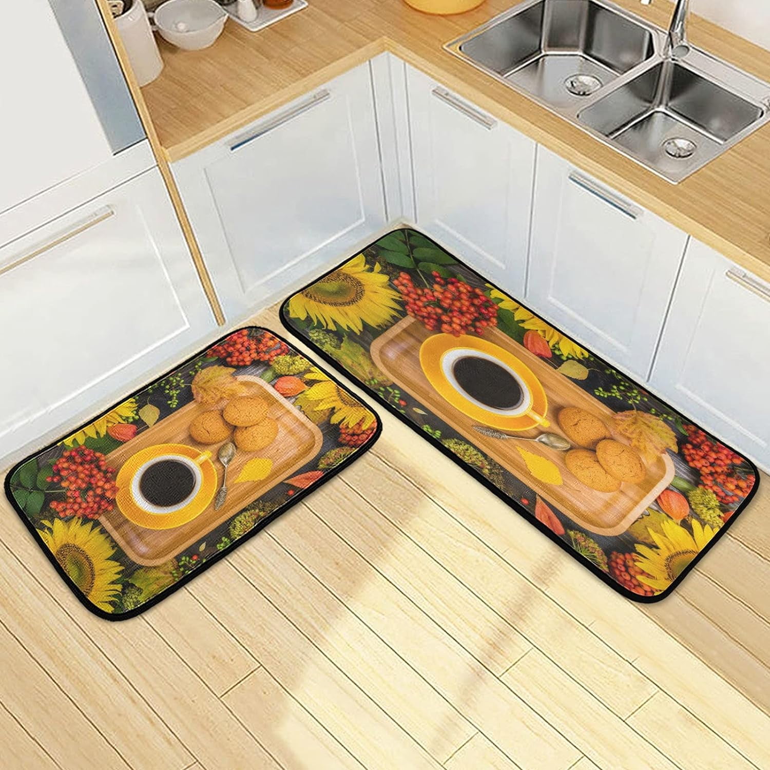 SKYSONIC Coffee Cup and Cookies Kitchen Rugs Set of 2, Autumn Wooden ...