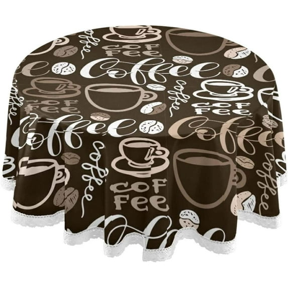 SKYSONIC Coffee Cute Doodle Cup Tablecloth Round Tablecloths Polyester Tablecover Cloths Washable Tabletop Runner Kitchen Party Picnic Dining Home Decor 60inch