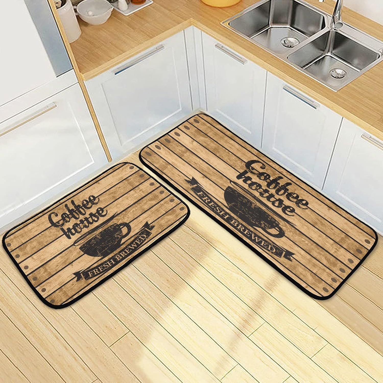 SKYSONIC Coffee House Kitchen Rugs Set of 2, Cafe Wood Floor Runner ...