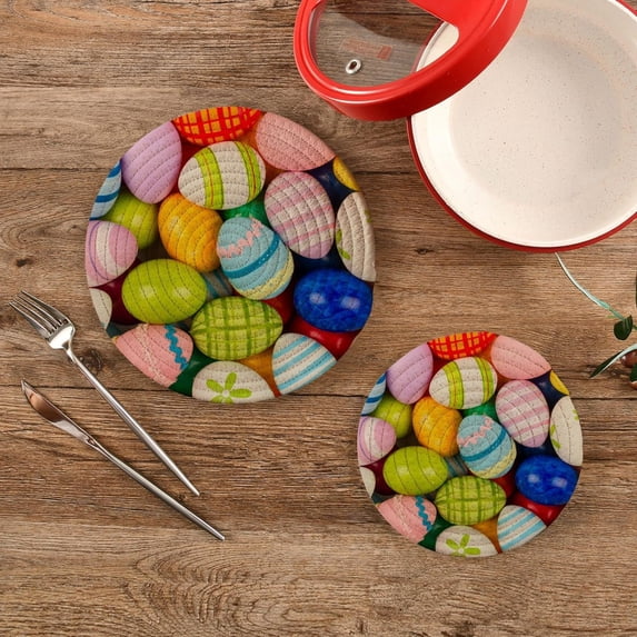 SKYSONIC Colored Eggs Pot Holders Trivets, 2 Pcs Heat Resistant Trivets for Hot Dishes,Happy Easter Cotton Thread Weave Trivet Mats for Hot Pads Pans Pot Bowl Teapot for Kitchen Decor