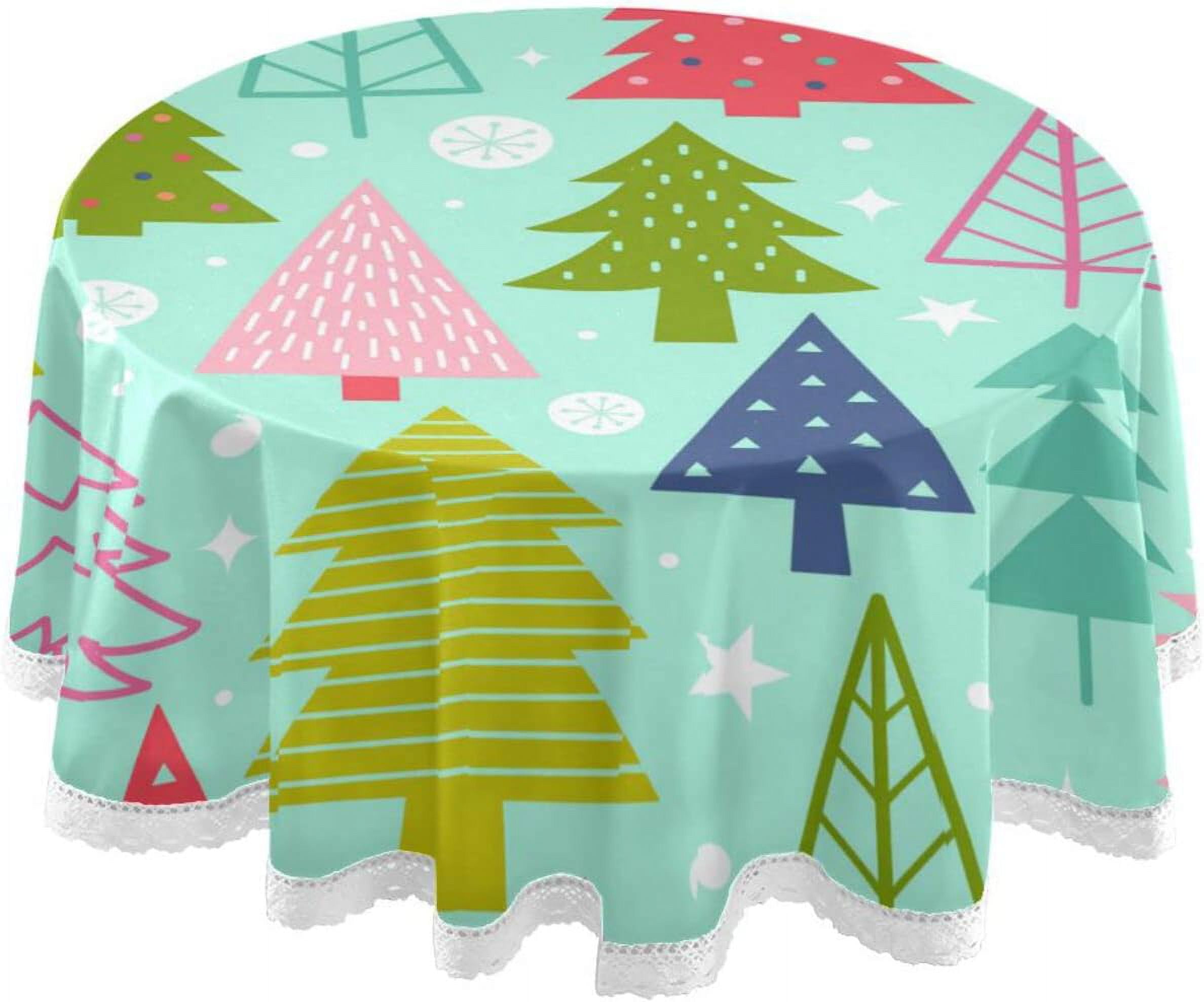 SKYSONIC Colorful Christmas Tree Round Tablecloth,Washable Oil Proof