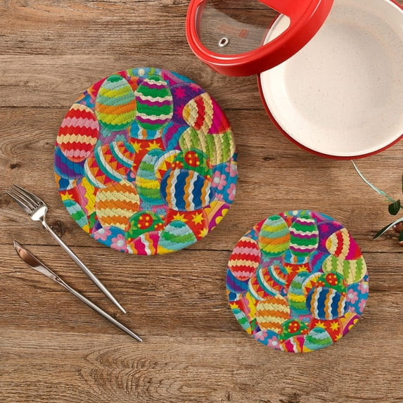 SKYSONIC Colorful Eggs Pot Holders Trivets, 2 Pcs Heat Resistant Trivets,Easter Background Cotton Thread Weave Mats for Hot Pads Pans Pot Bowl Teapot for Kitchen Decor