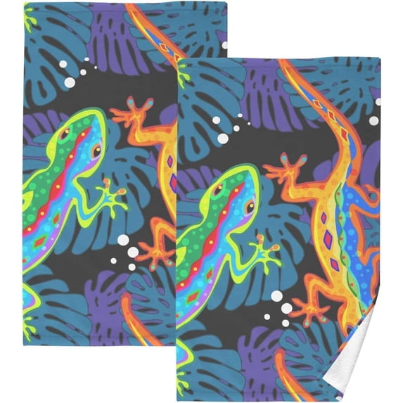 SKYSONIC Colorful Geckos Patterned Hand Towels 2 PCS, Cotton Bath Towel for Drying Face Hands Body ,Absorbent Lightweight Towels for Bathroom Ktichen Travel Gym, 16"x28"