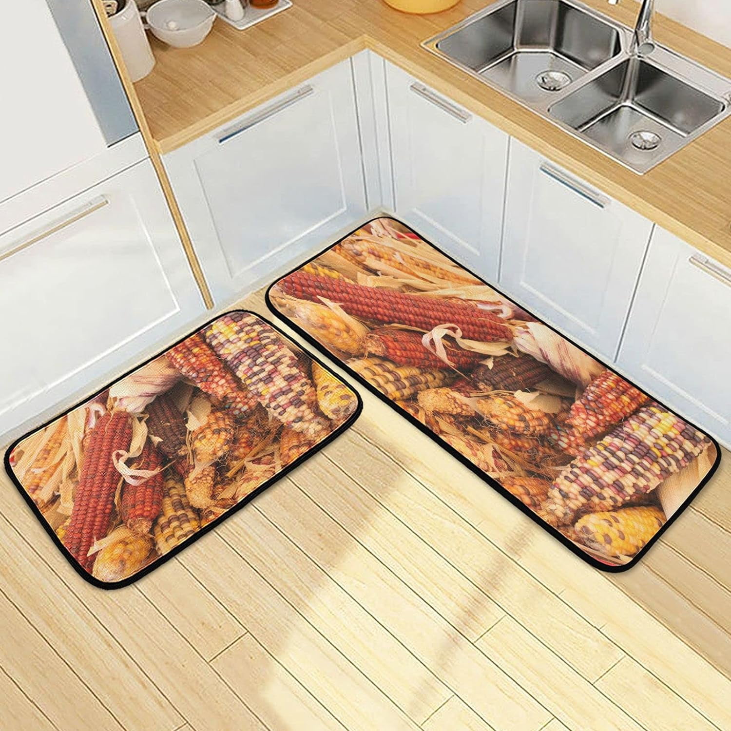 SKYSONIC Colorful Indian Corn Kitchen Rugs Set of 2, Harvest Fall Floor