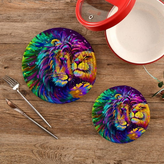 SKYSONIC Colorful Lion Couple Pot Holders Trivets, 2 Pcs Heat Resistant Trivets,Happy Valentine's Day Cotton Thread Weave Mats for Hot Pads Pans Pot Bowl Teapot for Kitchen Decor